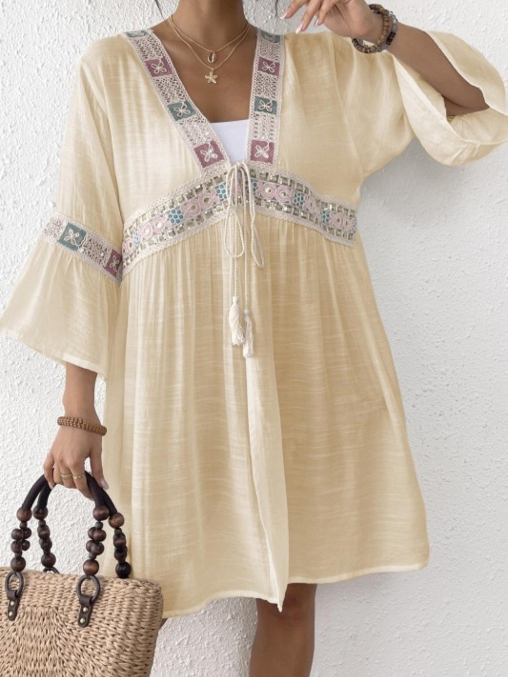 SEQUIN EMBROIDERED LACE TRIM BEACH BIKINI COVER UP